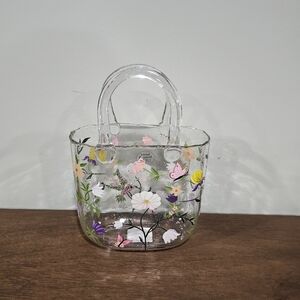 Hand Painted Clear Glass Vase Floral & Humming Bird Design With Handles Glossy